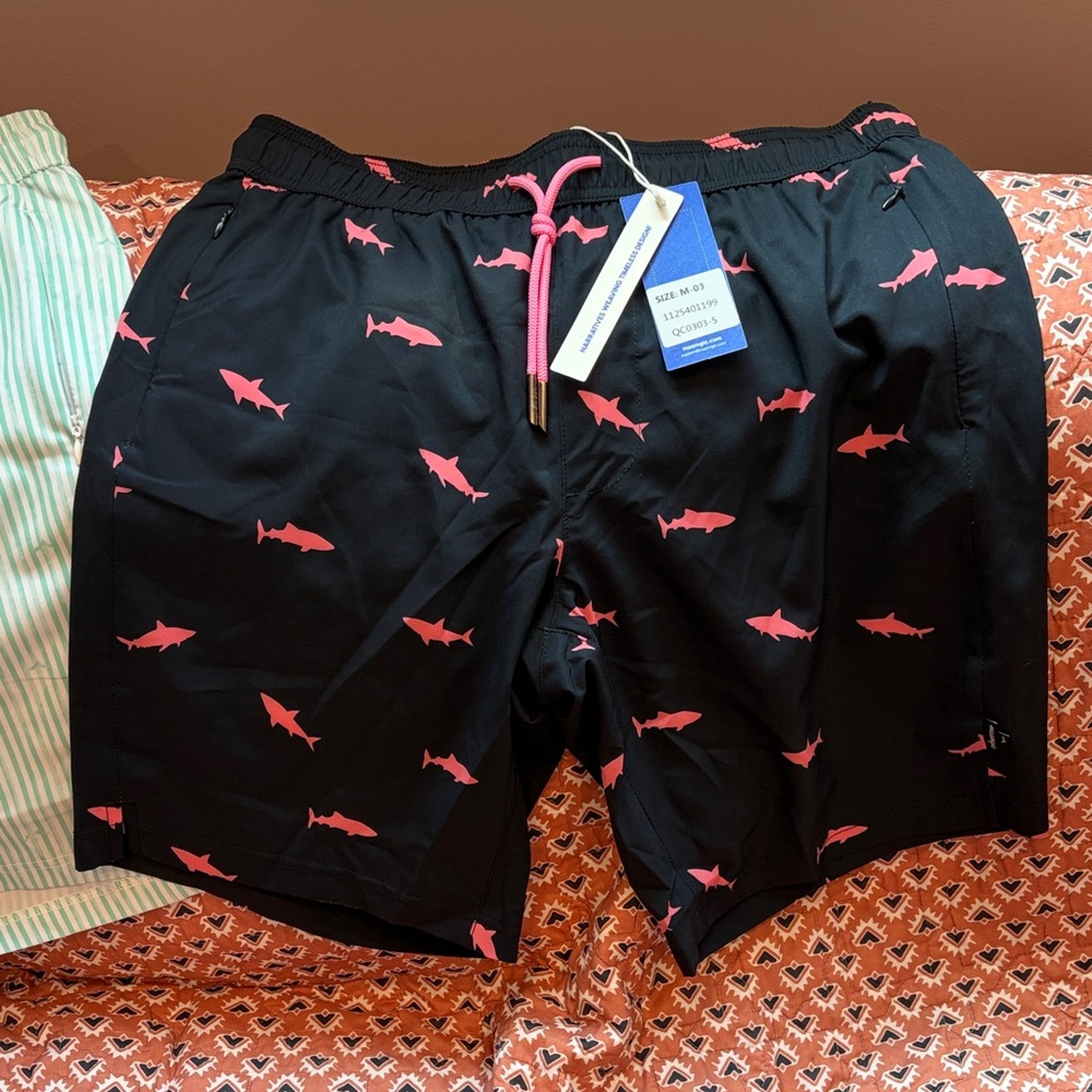 Men's Black Swim Board Shorts with Pink Shark Print